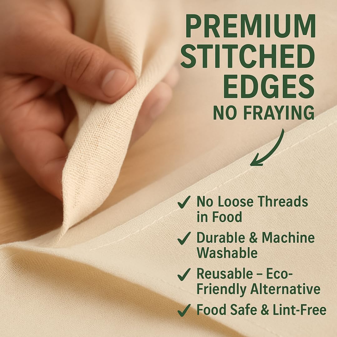 Bless International Premium Cotton Cheese Cloth Ultra Dense Butter Muslin For Straining Nut Milk Crafts & More 20x20 Inch 2 Hemmed Edges Grade 100 XL Unbleached & Reusable Off White - Image 3